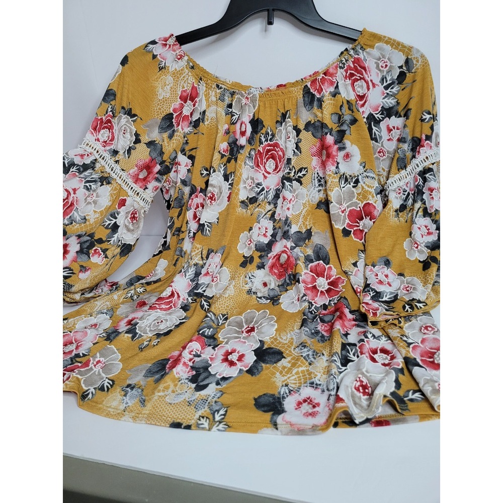 Naif Blouse Women Medium Mustard Yellow Floral Off Shoulder Bell Sleeve Excellnt